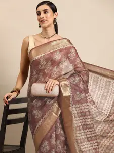 Silk Land Floral Block Print Saree