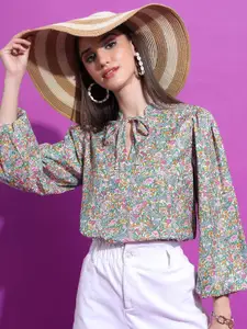 Tokyo Talkies Floral Printed Tie-Up Neck Puff Sleeves Top