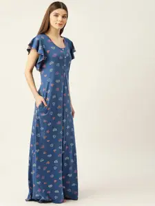Sweet Dreams Conversational Printed Flutter Sleeves Pure Cotton Maxi Nightdress