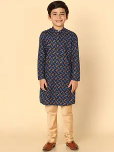 KISAH Boys Printed Mandarin Collar Kurta with Pyjamas