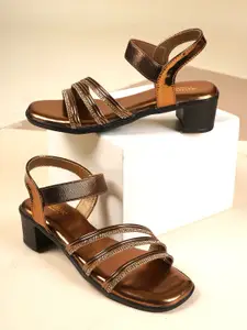 Anouk Copper-Toned Embellished Open Toe Block Heels