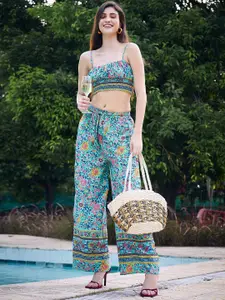 Berrylush Floral Printed Crop Top & Trousers