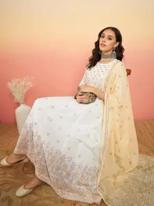 Sangria Off White Floral Printed Fit and Flare Mirror Work Ethnic Dresses With Dupatta