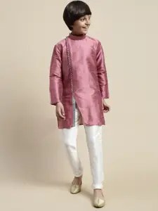 Sanwara Boys Mandarin Collar Art Silk Angrakha Kurta with Pyjamas