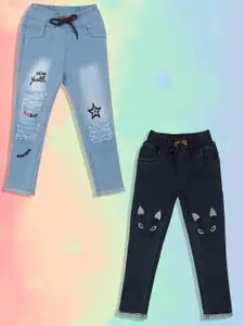 A-Okay Girls Pack Of 2 Slim Fit High-Rise Highly Distressed Heavy Fade Embroidered Jeans