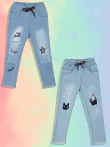 A-Okay Girls Pack Of 2 Slim Fit High-Rise Highly Distressed Heavy Fade Embroidered Jeans