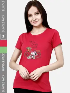 CHOZI Pack Of 2 Graphic Printed Short Sleeves Pure Cotton T-shirt