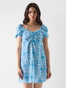 The Souled Store White & Blue Floral Printed Sweetheart Neck Puff Sleeve A-Line Mini Dress