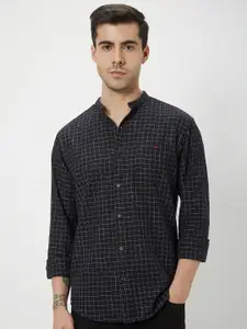 Mufti  Slim Fit Grid Tattersall Checks Band Collar Long Sleeve Cotton Casual Shirt