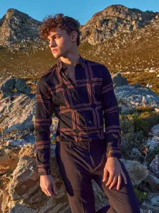 Mufti Navy Blue Slim Fit Tartan Checks Spread Collar Long Sleeve Cotton Casual Shirt