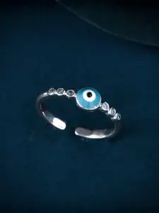 MEENAZ Silver Plated CZ & AD Studded Evil Eye Stainless Steel Finger Ring