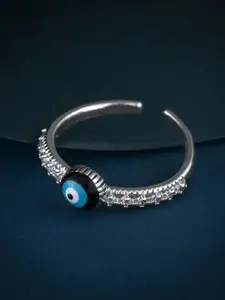 MEENAZ Silver-Plated Cubic Zirconia & American Diamond-Studded Evil Eye Finger Ring