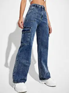 BROADSTAR Women Smart Wide Leg High-Rise Low Distress Heavy Fade Stretchable Cotton Jeans