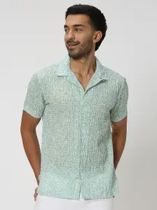 Mufti Men Green Slim Fit Abstract Printed Notch Lapel Collar Casual Shirt