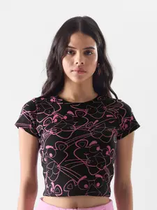The Souled Store Black & Pink Graphic Pink Panther Printed Cotton Crop T-Shirt