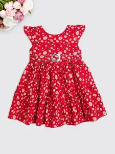 The Magic Wand Girls Floral Printed Gathered Cotton Fit & Flare Dress With Belt