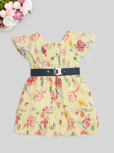 The Magic Wand Girls Floral Printed Flutter Sleeves Belted Fit & Flare Dress