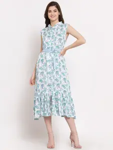 PATRORNA Floral Printed Shirt Collar Belted Cotton A-Line Midi Dress