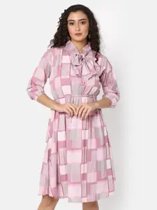 V-Mart Checked Tie-Up Neck Puff Sleeves Cotton Fit & Flare Dress