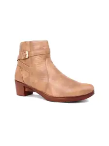 The Roadster Lifestyle Co. Women Beige Mid Top Block Heel Chunky Boots With Buckle Detail