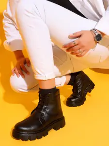 The Roadster Lifestyle Co. Women Textured Heeled Mid-Top Chunky Boots