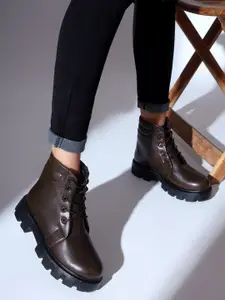 The Roadster Lifestyle Co. Women Brown Textured Heeled Mid-Top Regular Boots