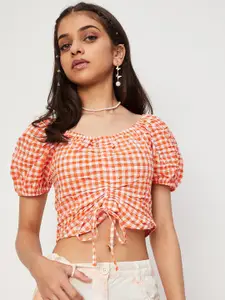 max Girls Checked Puff Sleeves Cotton Crop Top