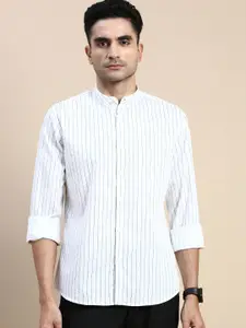 INVICTUS Sport Vertical Striped Band Collar Slim Fit Twill Cotton Casual Shirt