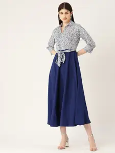 DressBerry Navy Blue & blue depths Ethnic Motifs Print Crepe A-Line Midi Dress