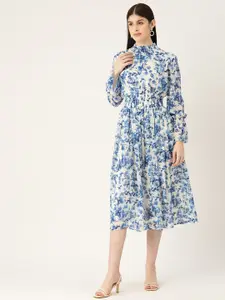 DressBerry Blue & White Floral Printed Fit & Flare Midi Dress