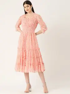 DressBerry Pink Floral Printed Smocked Chiffon Fit & Flare Midi Dress