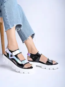 Shoetopia Textured Open Toe Platform Heels With Laser Cuts