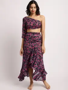 EROTISSCH Purpe Floral Printed Relaxed Fit Crop Top & Skirt Swimwear Cover Up Set