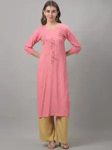 Dollar Missy Round Neck Floral Embroidered Beads And Stones Straight Cotton Kurta