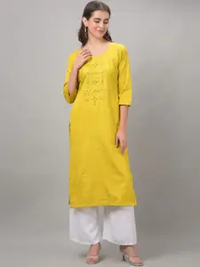 Dollar Missy Floral Embroidered Beads Detail Round Neck Straight Kurta