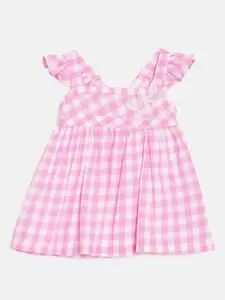 Aomi Girls Checked Square Neck Cap Sleeves Gathered Cotton A-Line Dress