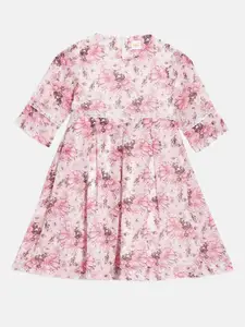 Aomi Girls Floral Printed Round Neck Lace Inserts Georgette A-Line Dress