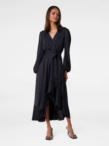 Forever New V-Neck Puff Sleeves Satin Wrap Midi Dress