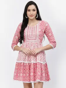 YELLOW CLOUD Ethnic Motifs Printed Lace Inserts Cotton Fit & Flare Dress
