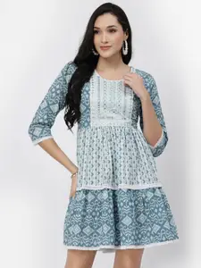 YELLOW CLOUD Ethnic Motifs Printed Lace Inserts Cotton Fit & Flare Dress