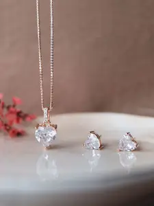 MANNASH Sterling Silver Rose Gold-Plated Solitaire Heart Pendant With Chain & Studs
