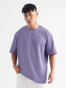The Souled Store Lavender Drop-Shoulder Sleeves Pure Cotton Oversized T-shirt
