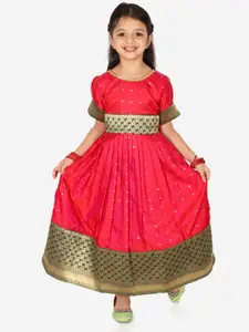 BownBee Girls Ethnic Motif Printed Gathered & Pleated Silk Fit & Flare Maxi Ethnic Dress