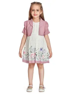 Peppermint Girls Floral Printed Round Neck Gathered A-Line Dress With Jacket