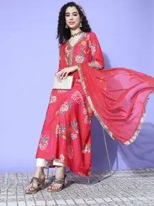 Varanga Women Pink Floral Printed Sequinned Floral Kurta with Dupatta