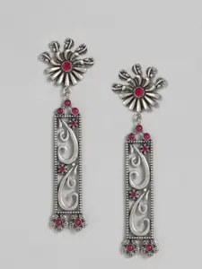 justpeachy Silver-Plated Classic Stone Studded Oxidised Drop Earrings