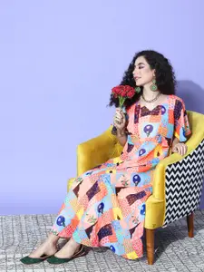 Varanga Abstract Printed Flared Sleeve Georgette A-Line Maxi Dress