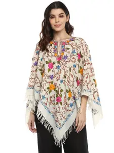 CRAFTBAZAR Embroidered Keyhole Neck Woollen Poncho