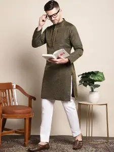 Anouk Olive Woven Design Mandarin Collar Thread Work Kurta With Pyjamas