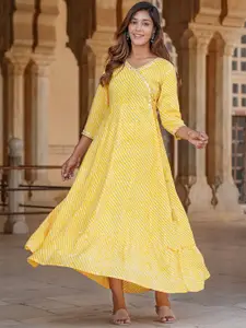 KALINI Striped Embellished A-Line Midi Ethnic Dress